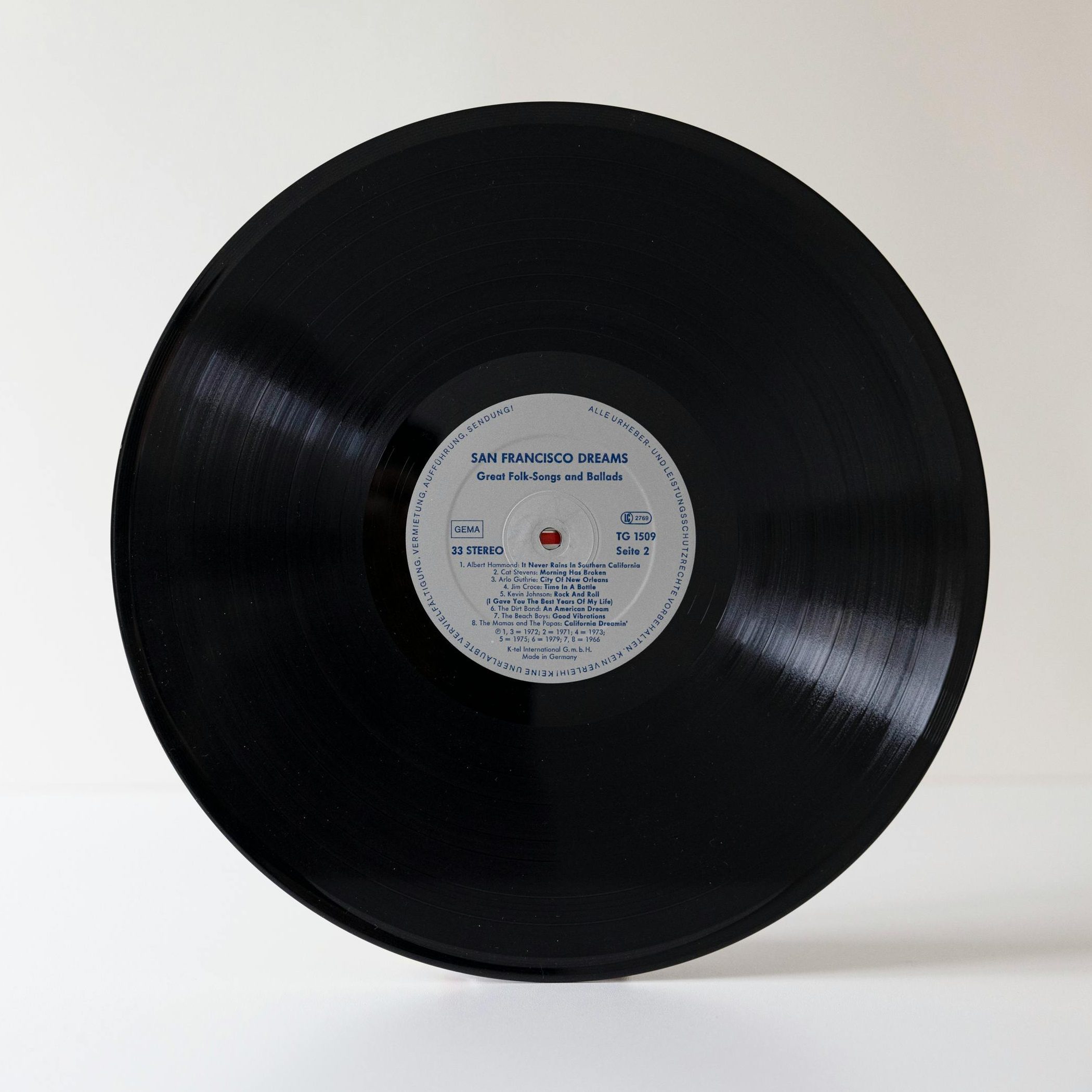 Vintage vinyl record with text 'San Francisco Dreams' on a white backdrop.