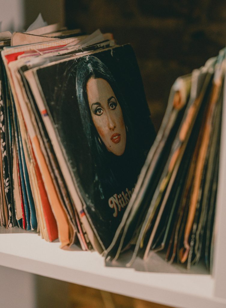 Collection of vintage vinyl records with various album covers neatly arranged on a white display shelf.